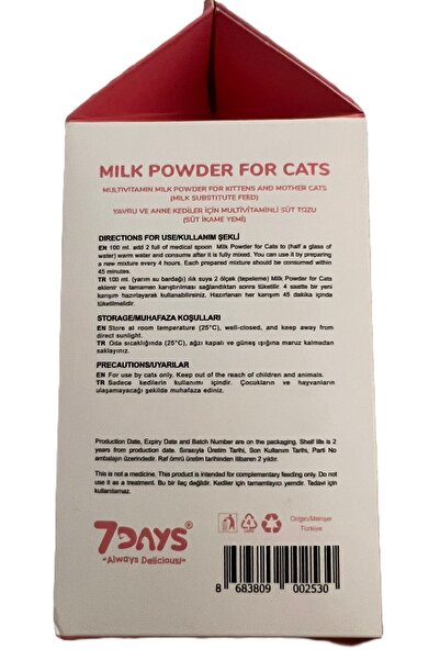 7DAYS 7 Days Yavru Ve Anne Kediler İçin Multivitaminli Süt Tozu 200 Gram