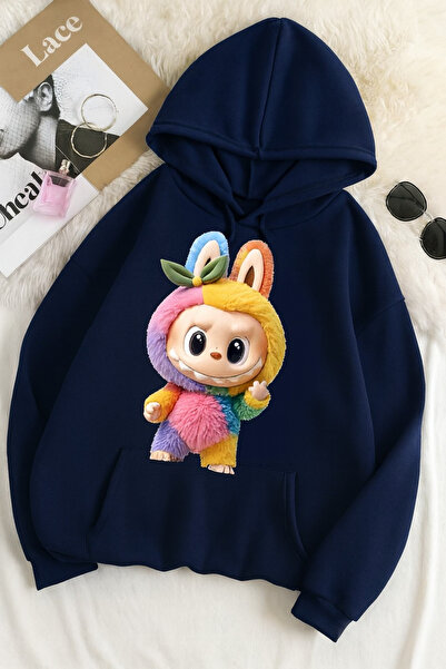 CLASSY.MODA سويت شيرت مطبوع عليه 3 خيوط للجنسين مقاس كبير – نمط أرنب لابوبو 🐰