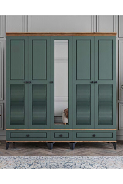 miracool Panjur Fix 5 Kapılı Dolap / %100 MDF / Çam-Yeşil / Ücretsiz Kurulum