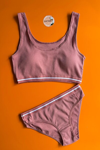 VicTroy Soleya 2-Piece Camisole Cotton Fabric, Dusty Rose and Blue Color White Line Bra and Panty Set