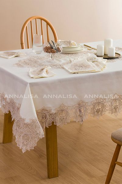 Annalisa Iris Set 26 Piece Linen French Lace Luxury Tablecloth Set with 12 Napkins Boxed Cream Brown