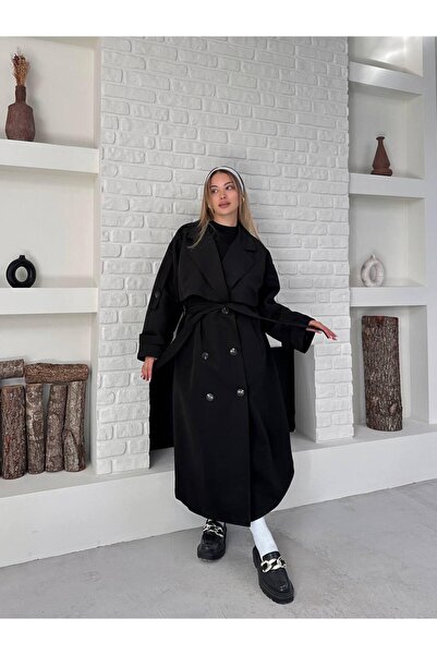 timagna Kadın Siyah Trençkot Uzun Kuşaklı Yeni Sezon Şık Ve Modern Dış Giyim