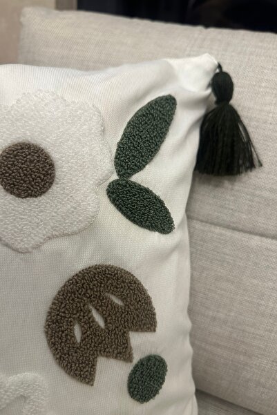 SİMEREV HALI HOME CONSEPT Punch Embroidered Cream Fabric Tasseled 1 Piece Throw Pillow Case Modern Bohemian Pattern Case