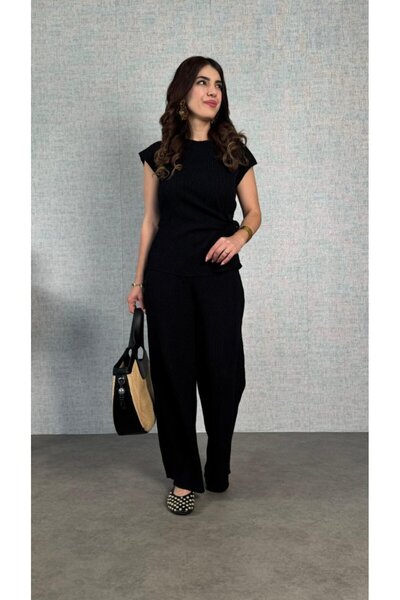 MODAVERA Women's Short Sleeve Crew Neck Side Tie Wrinkle Blouse and Trousers Double Suit