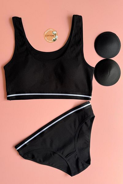 Elosia White Line 2-Pack |   Black and Dusty Rose Color Cotton Rib Women's Tank Top and Panty Set