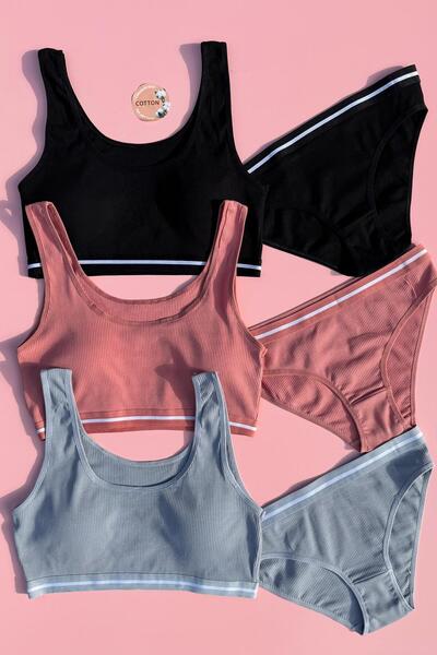 Elosia White Line 3Some |   Black, Powder and Light Blue Color Cotton Rib Women's Tank Top and Panty Set