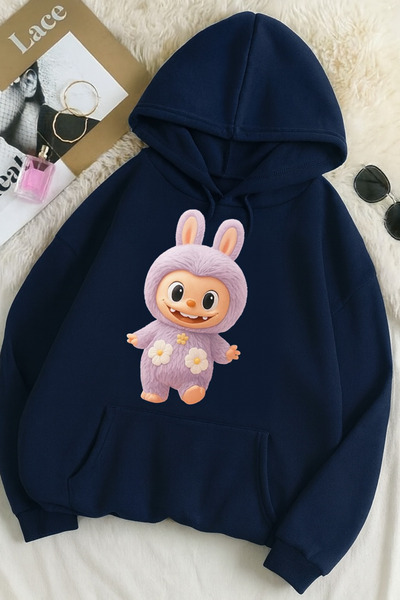 CLASSY.MODA سويت شيرت مطبوع عليه 3 خيوط للجنسين مقاس كبير – نمط أرنب لابوبو