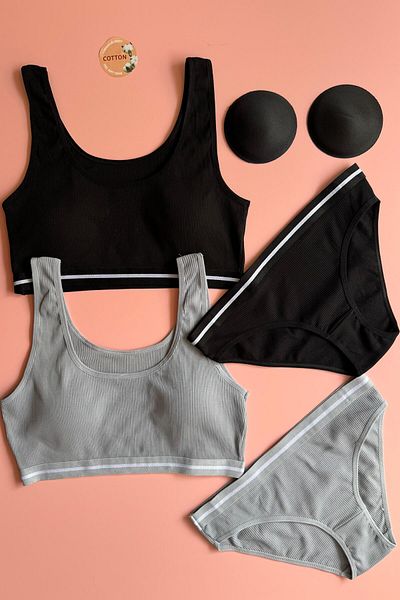Elosia White Line 2-Pack |   Black and Light Blue Color Cotton Rib Women's Tank Top and Panty Set