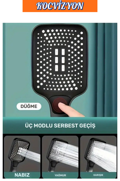 kocvizyon 3 Mod'lu Dikdörtgen Yüksek Basınçlı Ayarlanabilir Duş Başlığı Su Tasarruflu-150 Cm Pvc Hortum Hediye