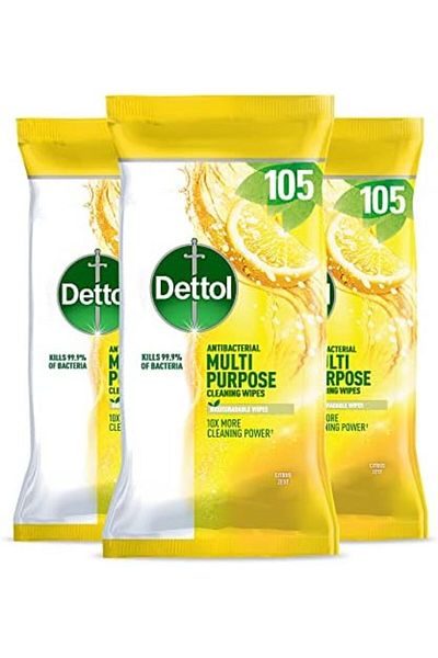 Dettol Multi-Purpose Antibacterial Cleaning Wipes with Citrus Fragrance, Pack of 3 x 105 Wipes, Tota