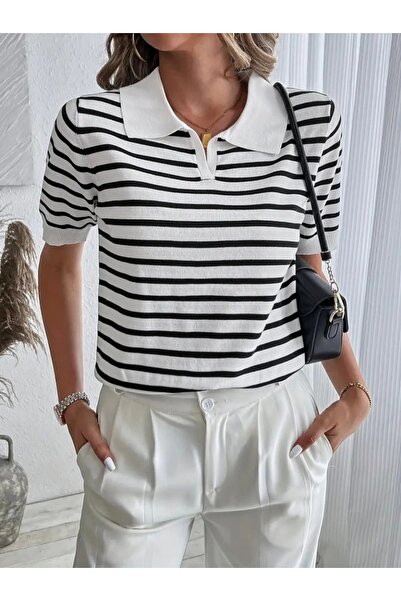 MetuCA بلوزة نسائية بأكمام قصيرة وياقة بولو ونمط مخطط