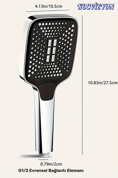 kocvizyon 3 Mod'lu Dikdörtgen Yüksek Basınçlı Ayarlanabilir Duş Başlığı Su Tasarruflu-150 Cm Pvc Hortum Hediye