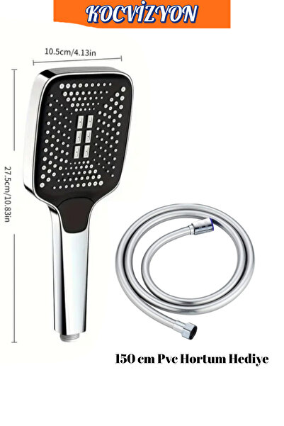 kocvizyon 3 Mod'lu Dikdörtgen Yüksek Basınçlı Ayarlanabilir Duş Başlığı Su Tasarruflu-150 Cm Pvc Hortum Hediye