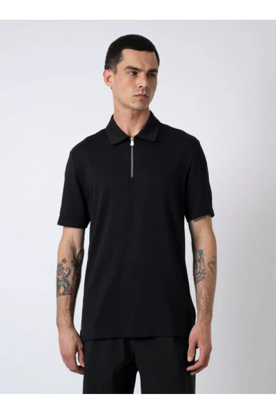 BOSS Erkek Regular Fit Pike Dokuma Kumaş Kısa Kollu Yarım Fermuarlı Siyah Pol...