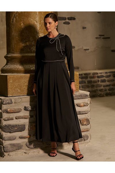 Kayra Ribbon Embroidered Stylish Dress Black
