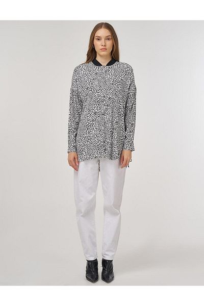 Kayra Leopard Pattern Viscose Tunic Black