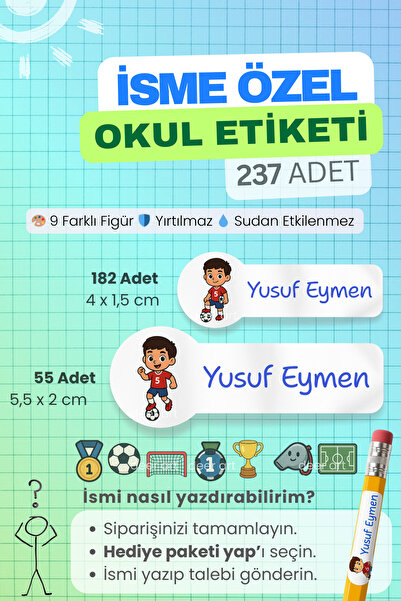 deer art Okul Etiketi Kalem ve Defter İçin - Sevimli Futbolcu - 237 Adet - İs...