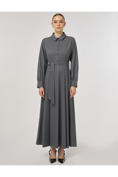 Kayra Button Detailed Viscose Dress Gray