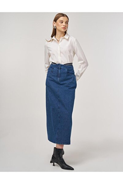 KYR Fusta din denim cu bandă în talie Indigo