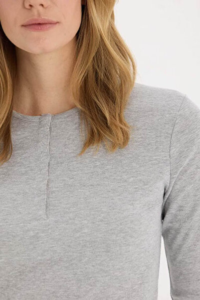 DeFacto Coool Fitted Button Collar Rib Gray Women's Long Sleeve T-Shirt E7680Ax/Gr210
