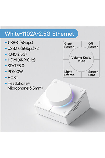 Choice أبيض - 2.5 جيجا RJ45 مقبض هاجيبيس موزع USB-C مع أزرار اختصار محطة إرساء من النوع C وضبط مستوى الصوت
