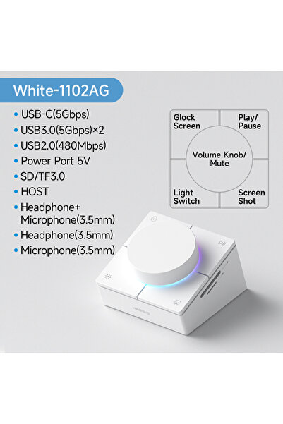 Choice أبيض - بدون مقبض هاجيبيس RJ45 موزع USB-C مع أزرار اختصار محطة إرساء من النوع C وضبط مستوى الصوت