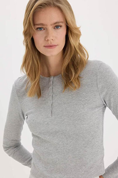 DeFacto Coool Fitted Button Collar Rib Gray Women's Long Sleeve T-Shirt E7680Ax/Gr210