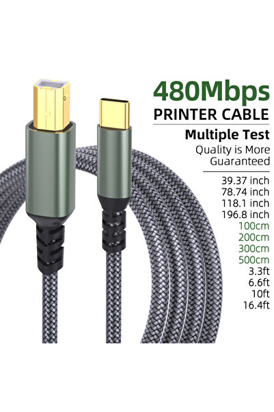 Choice كابل طابعة LAIHONEN USB Type C إلى USB B رمادي اللون بطول 2 متر، قطعة واحدة، سلك طابعة وماسح ضوئي مضفر رمادي اللون لكاميرا Canon E