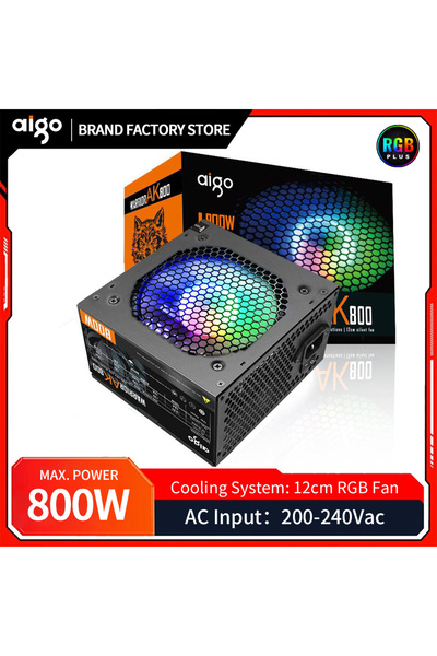 Aigo مزود طاقة AK PC PSU بقوة 800 وات بمقبس الاتحاد الأوروبي، 800 وات، مناسب للألعاب التنافسية، RGB، مروحة 120 مم، 220 فولت، ATX، سطح مكتب