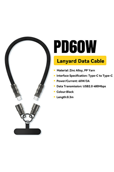 essager كابل بيانات USB-C إلى Type-C 2 في 1 أسود 60 واط 3 أمبير PD شحن سريع ل...