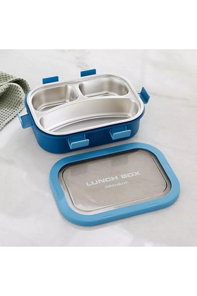 Home Box Ezra 3-Grid Stainless Steel Lunch Box with Spoon and Fork - 850 ml