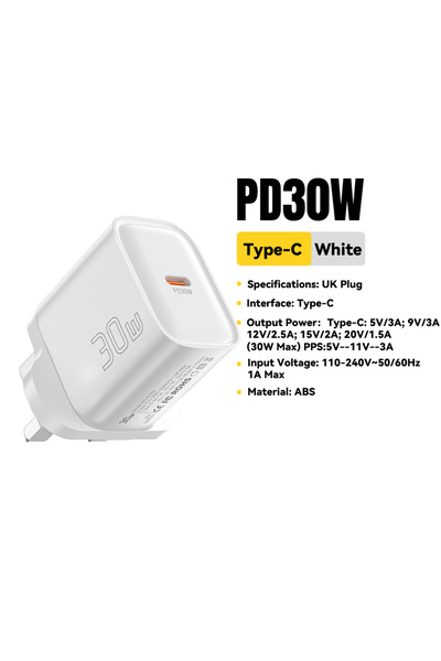 essager شاحن 30 وات أبيض بمقبس المملكة المتحدة صغير 30 وات من النوع C PD QC3.0 شاحن سريع من النوع C لهاتف iPhone 16 15 14 1