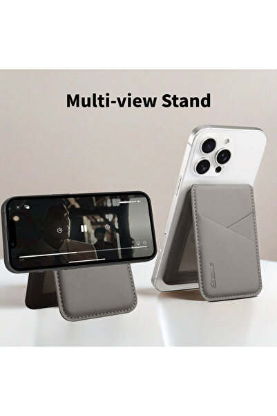 Choice جلد صناعي لهاتف iPhone 16 Pro رمادي جلد فاخر حامل بطاقات مغناطيسي Mags...