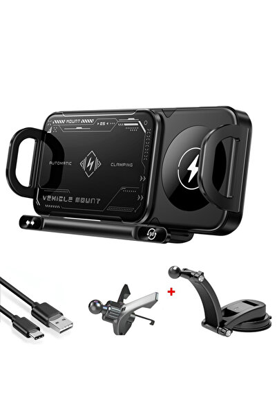 Vikefon حامل شاحن لاسلكي سريع للسيارة بشاشة قابلة للطي مع قاعدة تثبيت مزدوجة ...