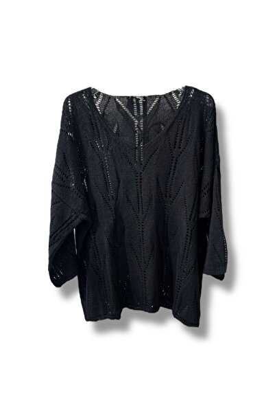 SUMEF Oversize Ajurlu Merserize Triko Bluz Kadın V Yaka (38-52 Beden Uyumlu)