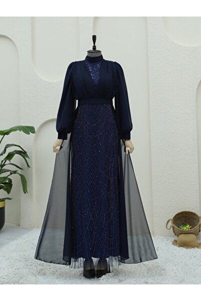 ALPACO Βραδινό φόρεμα από σιφόν με λεπτομέρειες από χάντρες και πούλιες - Ναυτικό