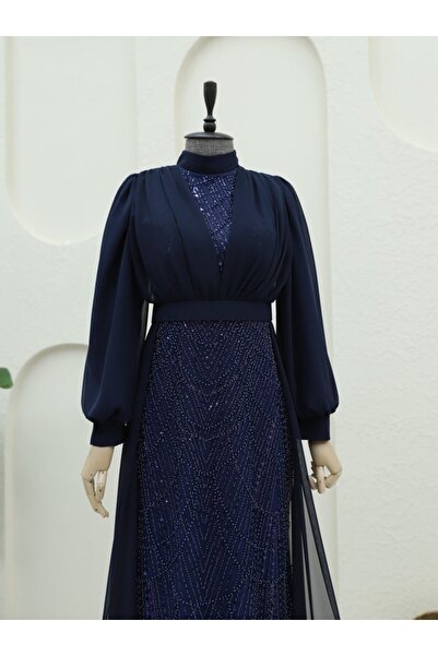 ALPACO Βραδινό φόρεμα από σιφόν με λεπτομέρειες από χάντρες και πούλιες - Ναυτικό