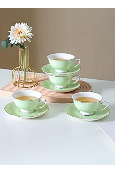 sharpdo European Striped Cups and Plates Set with Golden Edges (Green), by Sharbedo