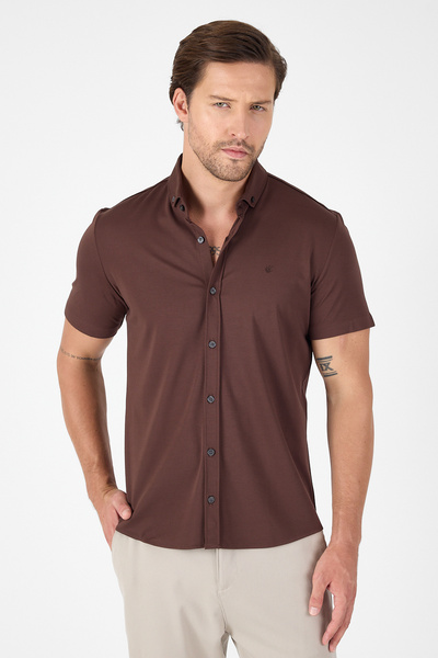 İmza Dark Brown Short Sleeve Button Collar No Pocket Performance Product Slim Fit Shirt 1004250256