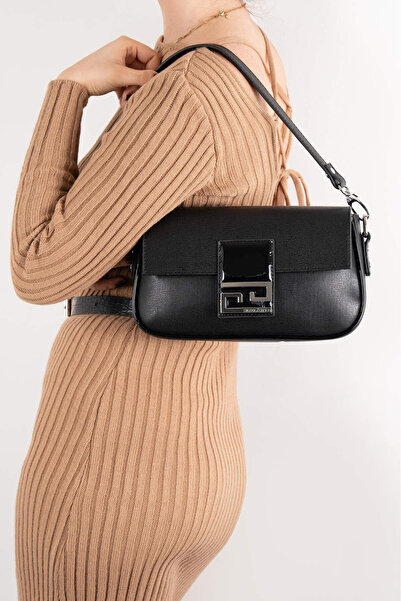 Silver Polo حقيبة كتف نسائية من الجلد الأسود اللامع SP1179