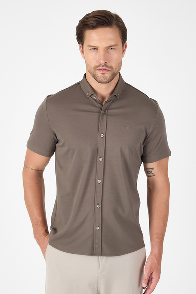 İmza Dark Khaki Short Sleeve Button Collar No Pocket Performance Product Slim Fit Shirt 1004250256