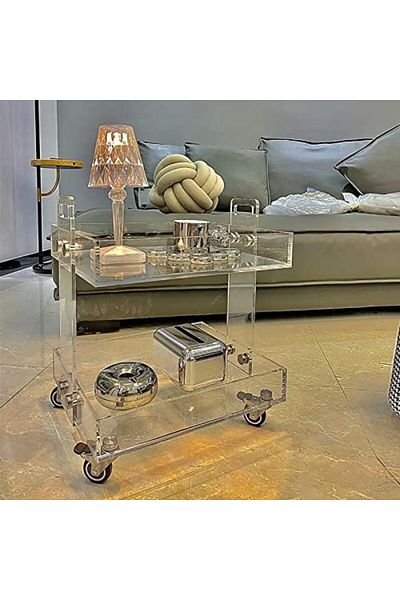 Slasa Clear Acrylic Cart with Double Shelves for Living Room, Sofa, Coffee Table, Bedroom and Bedside by T