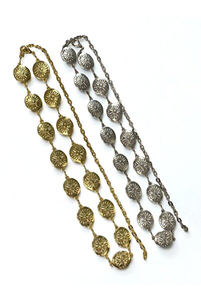 Kemerix Women's Gold&Silver Daisy Detailed Set of 2 Chain Belts