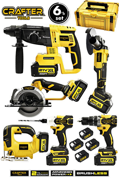 CRAFTERTOOLS Profesyonel 21 V Çelik Şanzuman Kömürsüz Motor 6'Lı Makine Seti