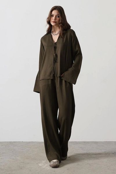 MetuCA Front Bias Blouse and Trouser Set - Khaki