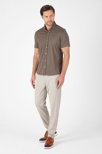 İmza Dark Khaki Short Sleeve Button Collar No Pocket Performance Product Slim Fit Shirt 1004250256