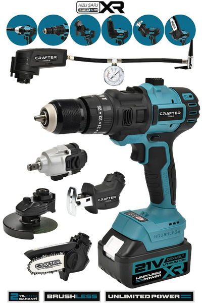 CRAFTERTOOLS 21V 6 Başlıklı Set Taşlama Somun Sıkma&Hava Pompası&Tilki Kuyruğ...