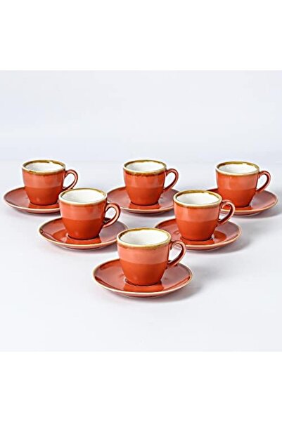 sharpdo Ceramic Coffee Cups and Plates Set, 100ml Capacity, 6 Cups and Plates (Orange and Red) by