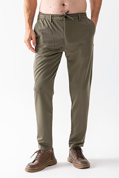 JB John Borners Men's Elastic Waist Tie Detail 100% Cotton Jogger Trousers Khaki - 25088