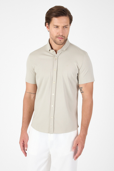 İmza Stone Color Short Sleeve Button Collar No Pocket Performance Product Slim Fit Shirt 1004250256